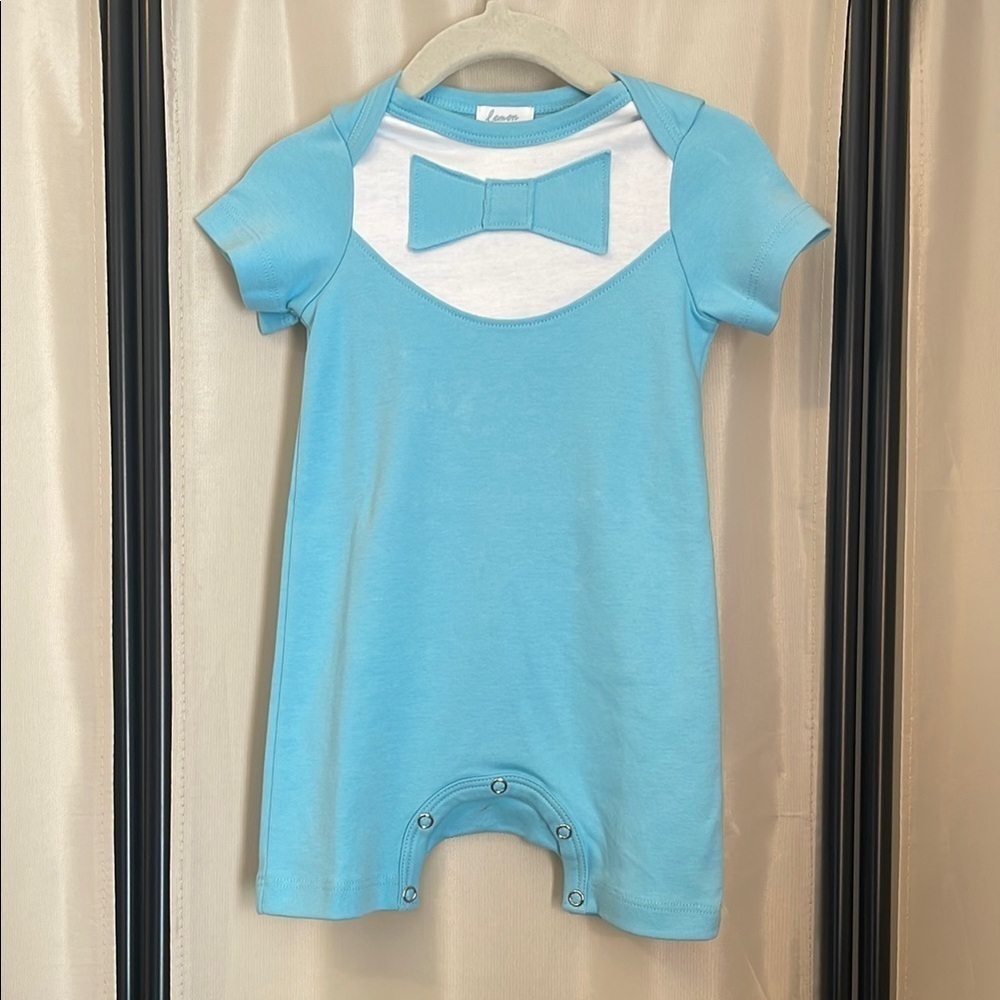 Lemon Loves Layette Charming Blue Romper with Bow Accent